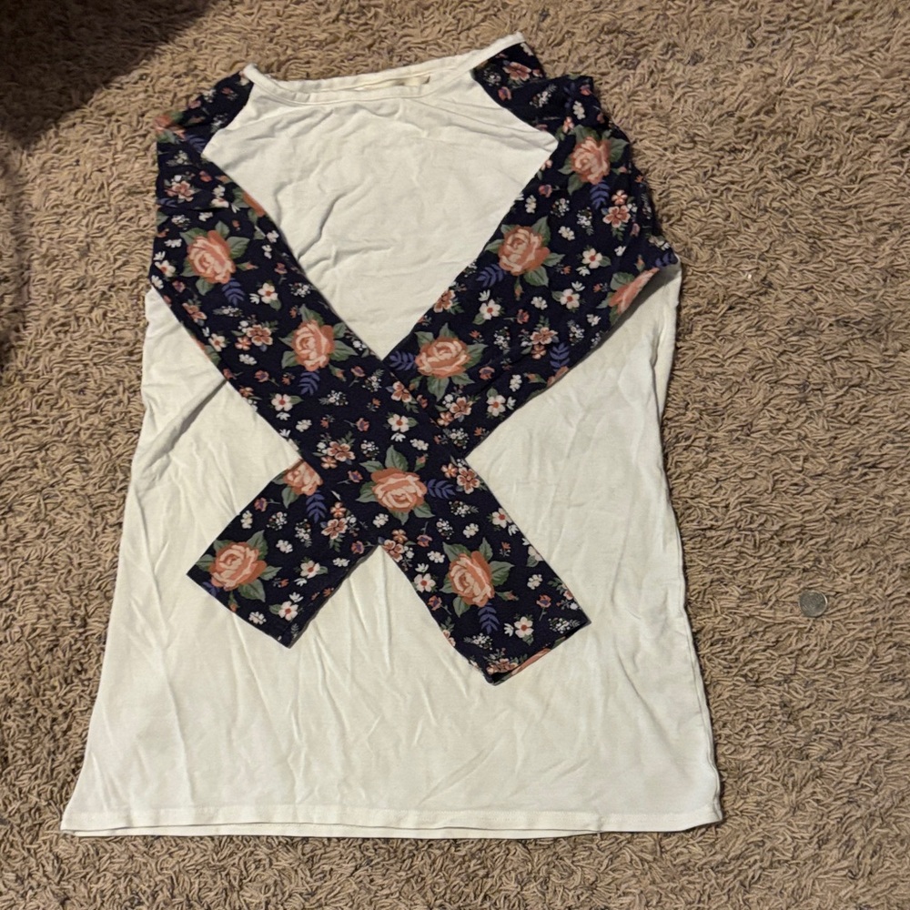 Matilda Jane White Top with Floral Navy Sleeves